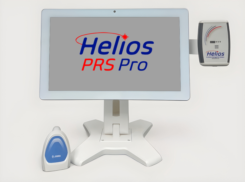 All in one computer mounted to a pedestal which display the Helios™ PRS Pro logo