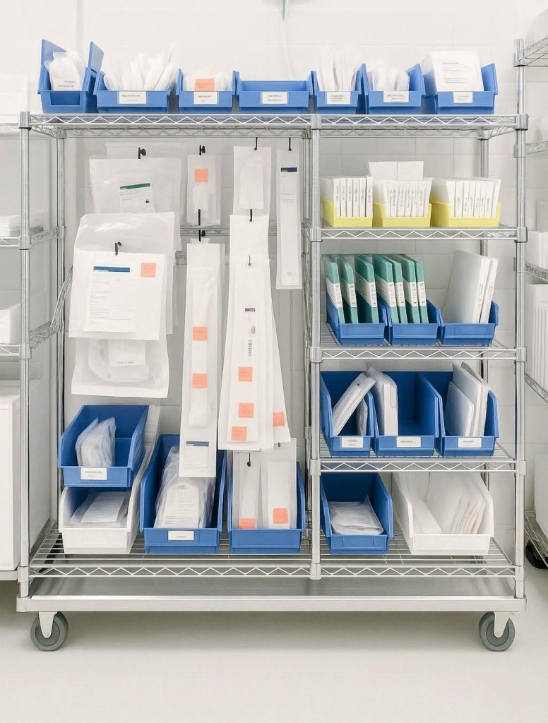 A well-organized mobile wire shelving unit with labeled blue, yellow, and green plastic bins containing various sterile medical supplies in clear packaging. The left side features vertically hanging items clipped to the top rack, while the right side holds bins arranged across four shelves. The cart stands on four caster wheels against a clean white tiled background.