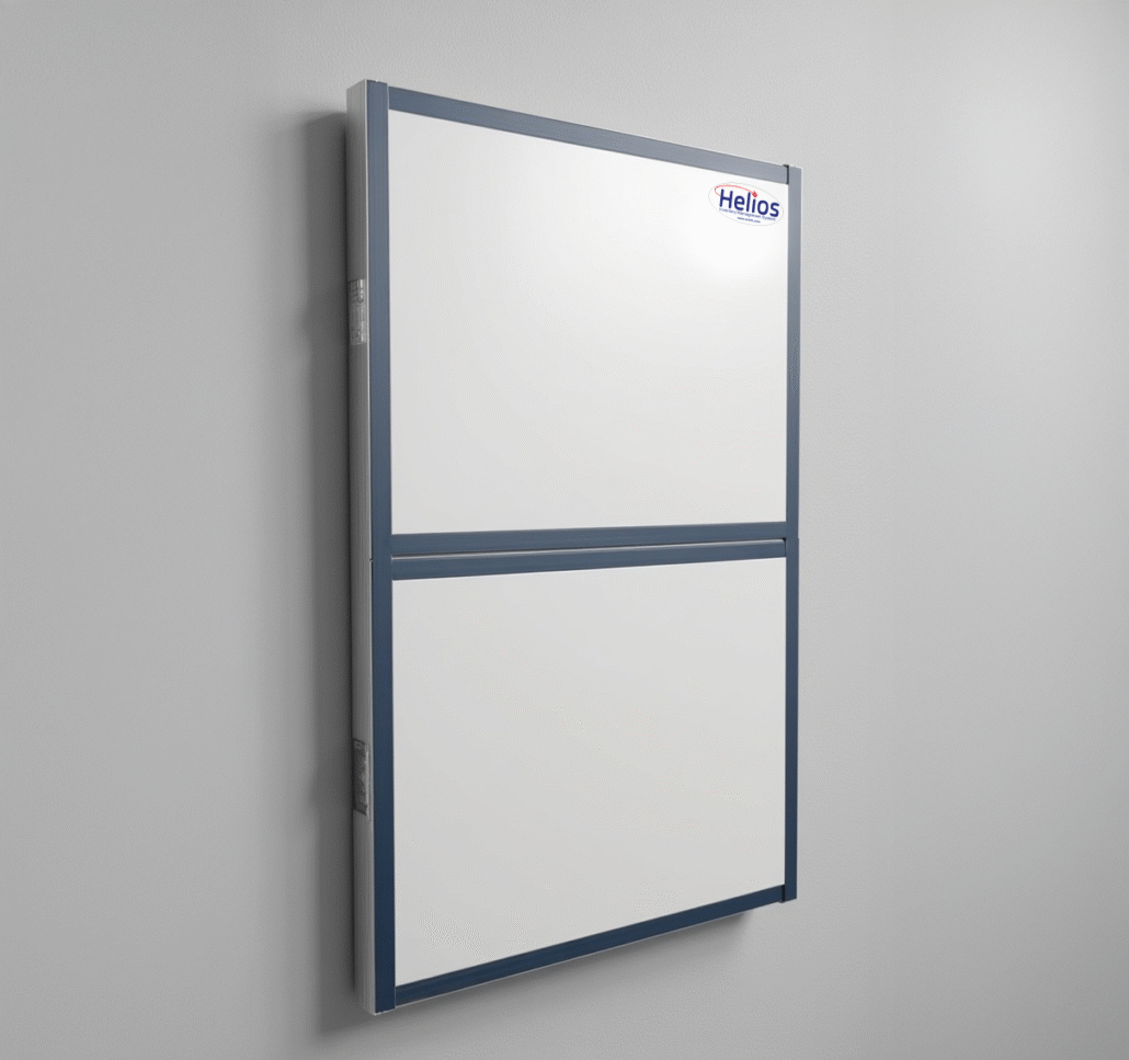 A wall-mounted device with an aluminum metal frame, divided into two equal sections by a horizontal blue strip across the middle.