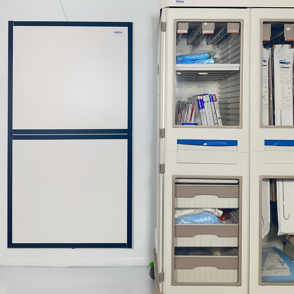 Helios Docking Station mounted to the wall in a clinical setting with a mobile storage cabinet next to it.